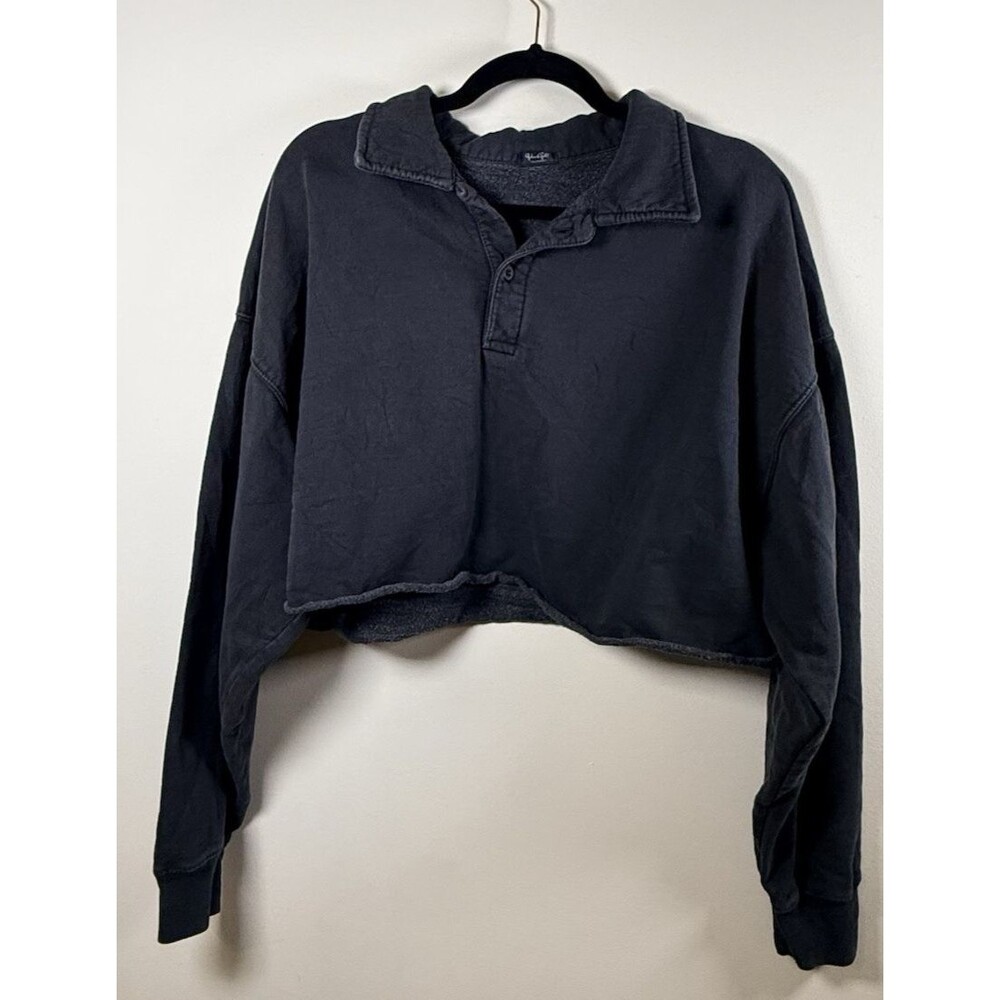 J. Galt Black Cropped Collared Fleece Pullover Sweatshirt Long Sleeve